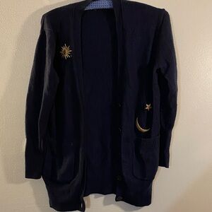 J. Crew Navy Cardigan with Gold Moon & Star Embroidery
